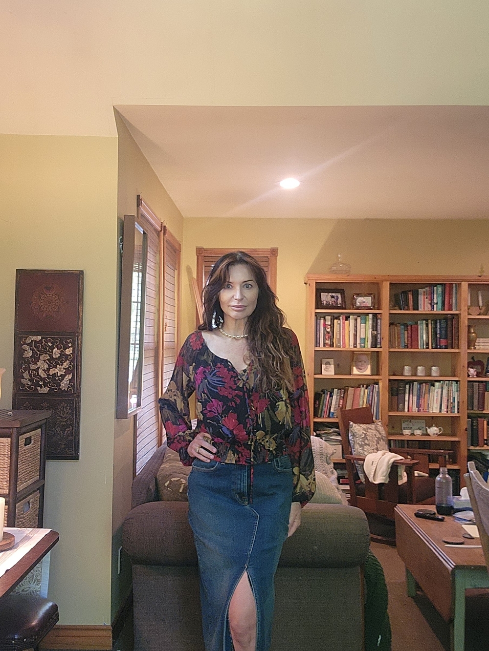 Floral Button-Front Blouse in Black with Pink & Olive Print